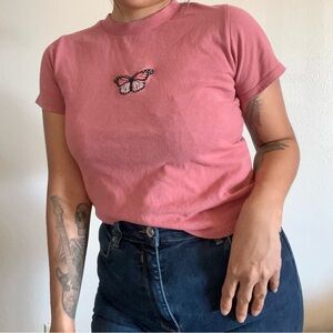 Brandy Melville Pink Butterfly Baby Tee